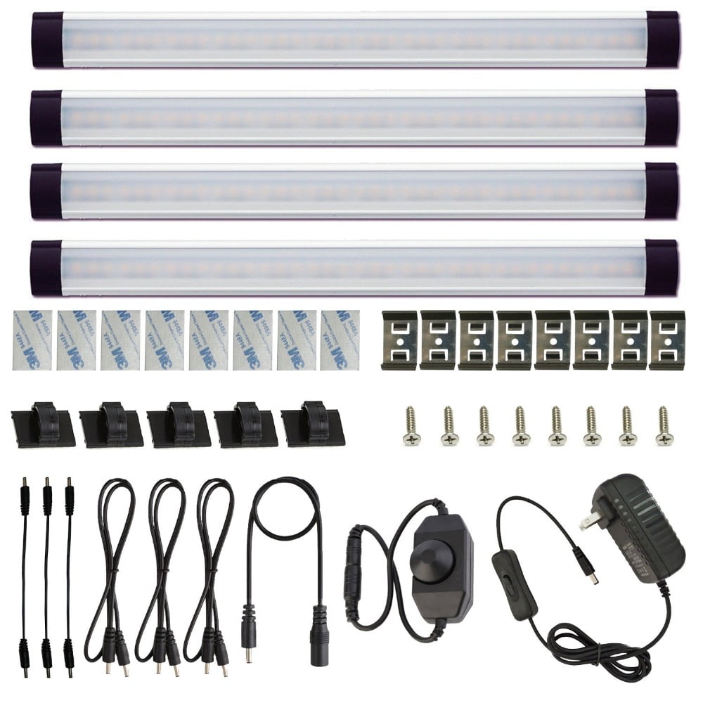 Warm White LED Under Cabinet Light Bars with Dimmer Switch, 4-Pack
