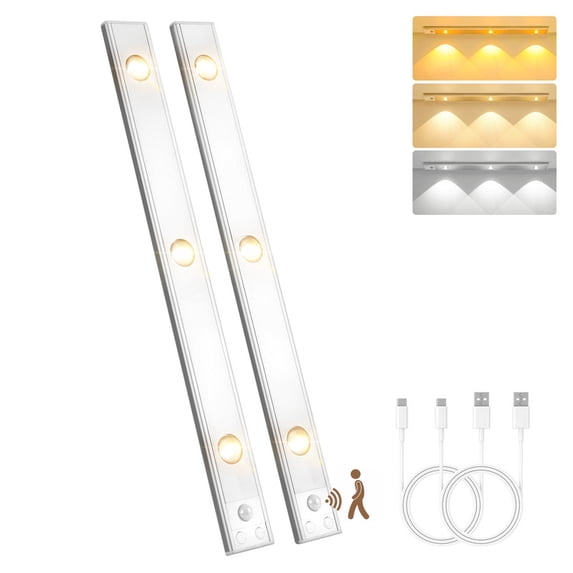 SUNLINKCO 16 in Motion Sensor Under Cabinet Lighting 2 pk, USB Rechargeable Closet Lights, 3 Color LED Stepless Dimming with Cat’s Eye Hill Effect for Display Cabinets, Wine Rack, Showcases