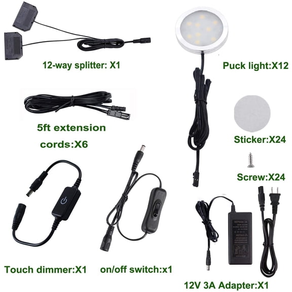 LED Under Cabinet Lighting, 12V Counter Lights, Touch Dimming Puck Lights, Hardwired or Plug in With  Listed Adapter, Updated Home Accent Light, 24W (12 Lights Daylight White)