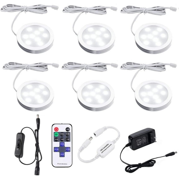 LED Under Cabinet Lighting, Dimmable with RF Remote, 6 Puck Lights, Daylight White for Kitchen, Closet