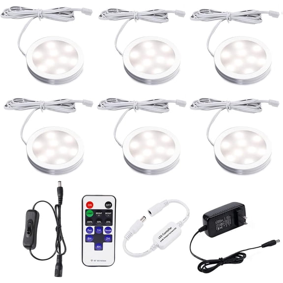 LED Under Cabinet Lighting Fixture Kitchen Under Counter Lights with Plug in and  RF Remote Control, 6 Thin Cabinet LED Puck Light Kits (4000K  White)