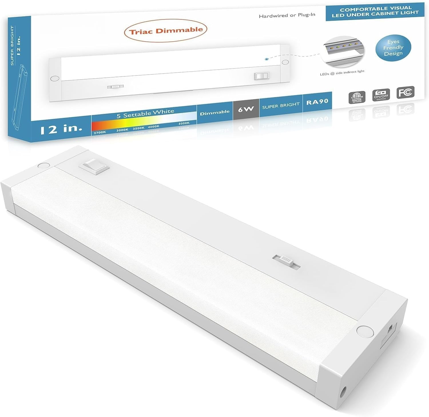 LED Under Cabinet Lighting Hardwired or Plug in, 12 Inch 6W, Dimmable 5 Color 2700K/3000K/3500K/4000K/5000K, Linkable Eyes Care Design Counter Lights for Kitchen, Sink, ETL Listed, White