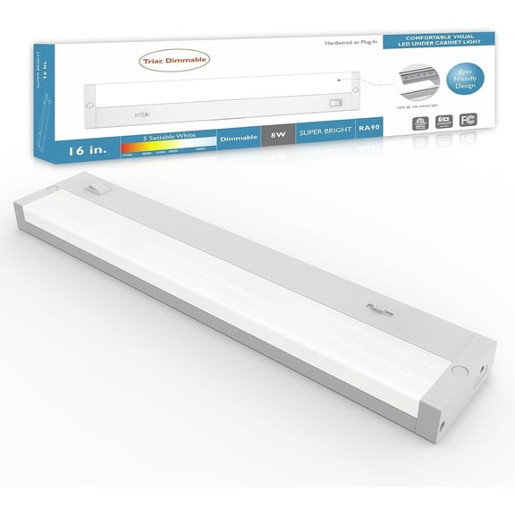 LED Under Cabinet Lighting Hardwired or Plug in, 16 Inch 8W, Dimmable 5 Color 2700K/3000K/3500K/4000K/5000K, Linkable Eyes Care Design Counter Lights for Kitchen, Sink, ETL Listed, White