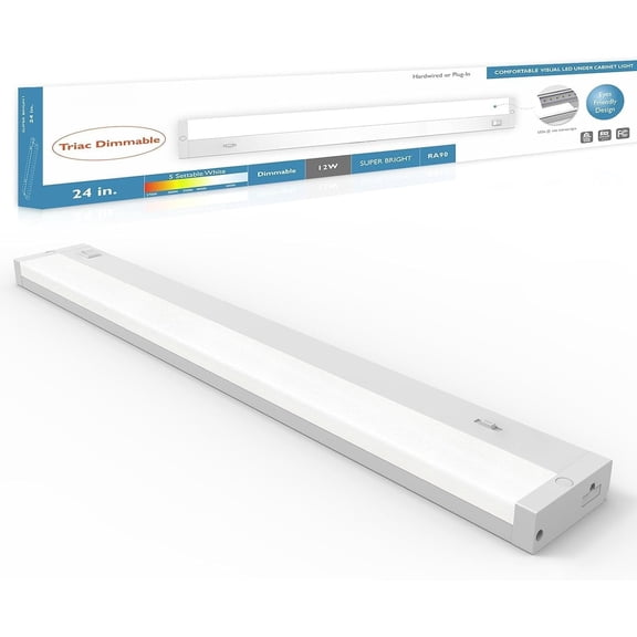 LED Under Cabinet Lighting Hardwired or Plug in, 24 Inch 12W, Dimmable 5 Color 2700K/3000K/3500K/4000K/5000K, Linkable Eyes Care Design Counter Lights for Kitchen, Sink, ETL Listed, White