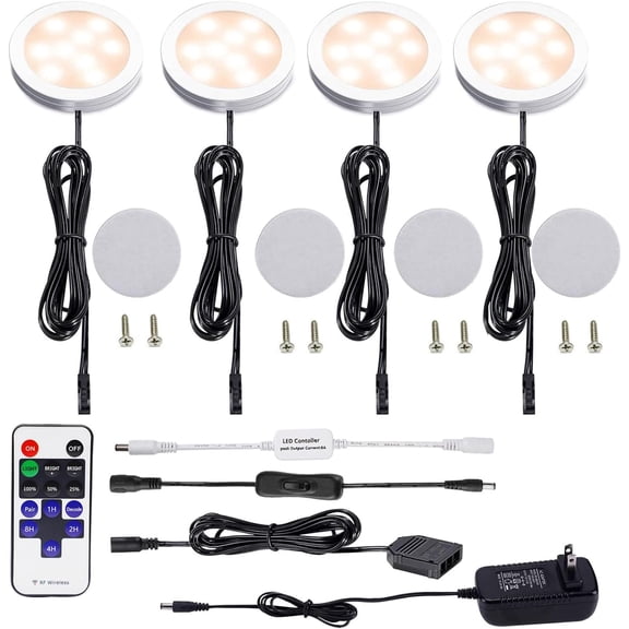 LED Under Cabinet Lighting Kit 4 Packs 12V Low Profile Puck Lights with Dimmable Wireless RF Remote for Kitchen, Counter, Gun Safe Lighting(Warm White)