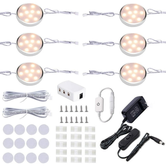 LED Under Cabinet Lighting Kit,6 Pack Linkable Puck Lights with Touch Dimmer,Wired Plug in Under Counter Lighting for Curio Bar, Kitchen, Cupboard,Bookcase,Closet Furniture (2700K Warmwhite)