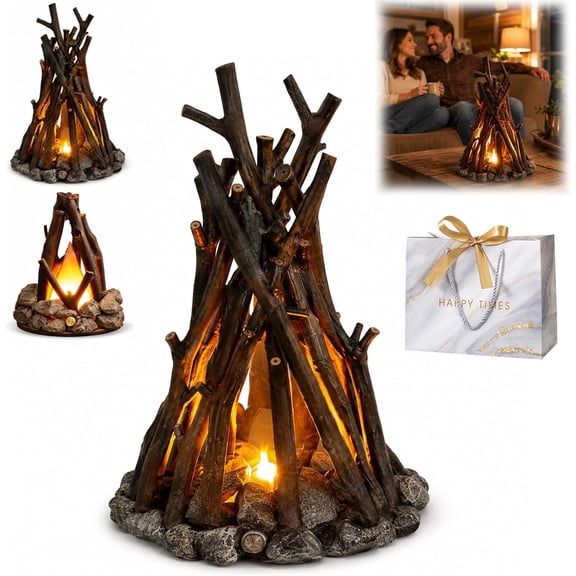 LED Campfire Night Light, Dimmable Fake Campfire Lamp with Flame Sound, USB Rechargeable Wooden Ambient Fire Lamp for Bedroom, Indoor Camping Decor, Desk Table Mood Light Gift,A(Small)