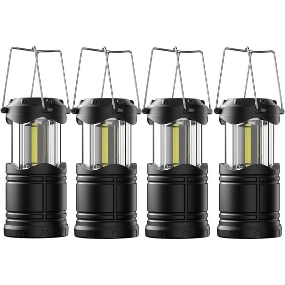 LED Camping Lantern, 4 Pack Battery Powered Flashlight for Power Outages, Portable Collapsible Hanging Light Essential for Home, Outdoor, Emergency Lamp Survival Kit Gear for Hurricane, Black