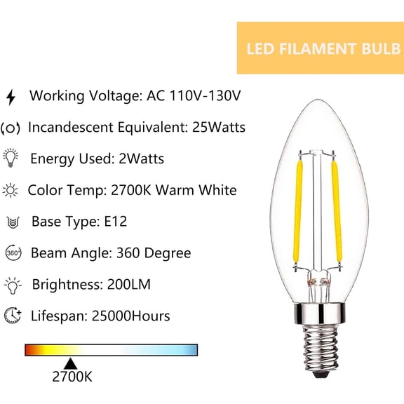LED Candelabra Bulbs 25Watt Equivalent, B11 LED Bulb 2W Warm White 2700K E12 Base, Dimmable Edison Chandelier Light Bulbs, LED Type B Bulb, 8 Pack