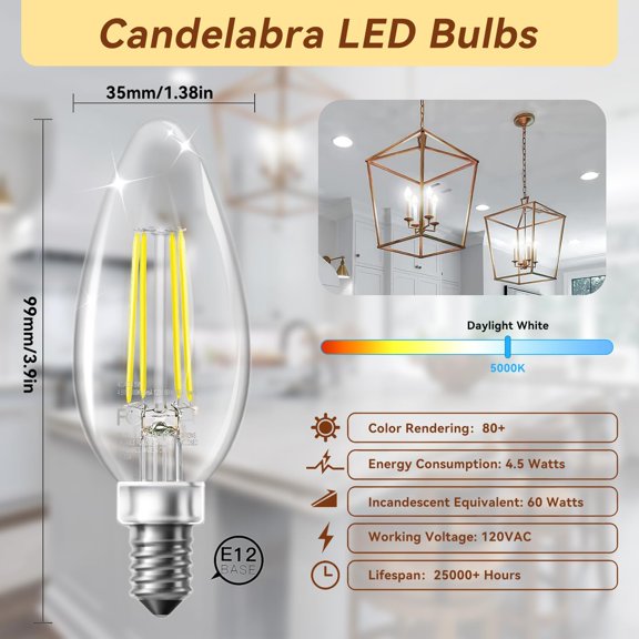 LED Candelabra Bulbs Dimmable, 60W Equivalent Chandelier Light Bulb, E12 Small Base, 4.5W 5000K Daylight White, B11 Vintage Filament Clear Glass Candle Light for Ceiling Fan Chandeliers, 12Pack