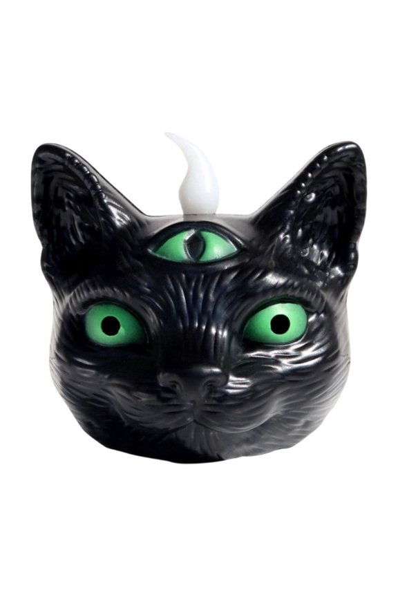 LED Candle Lamp, Creates Spooky Glow with Safe Light, Cat Head Ornament, Safe Flameless Design and Two Visual Display Modes for Mantel Display, Party Table, and Shelf Accent.