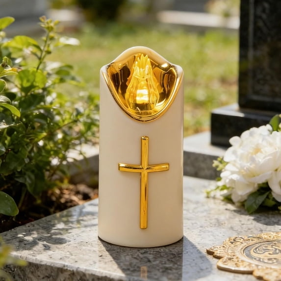 LED Candle Memorial Light – Flickering Effect Like a Real Candle – Reusable Cemetery Remembrance Eternal Candle – White – HOLY Cross