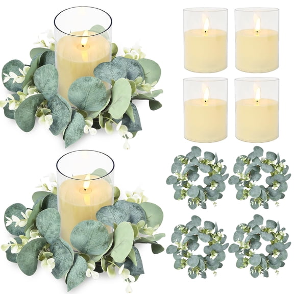 LED Candle Rings with Eucalyptus Wreaths 6 Sets, 4" Flameless Candles for Wedding Centerpieces