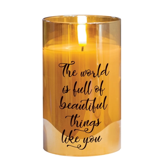 Cottage Garden PGC-05-49GD World Full Of Beautiful Things Pearlized Gold Tone 5 x 3 Inch Flickering Flame LED Glass Candle