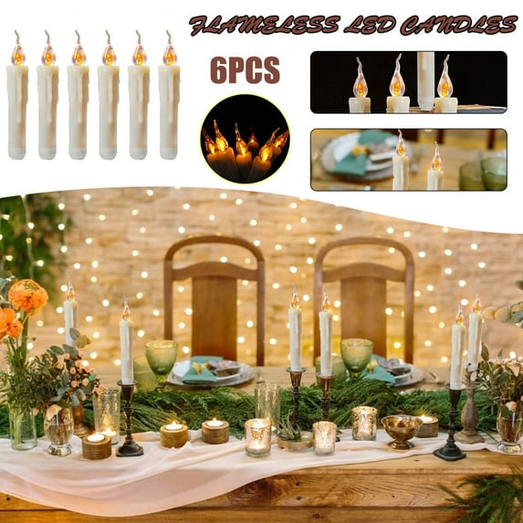 LED Candles under $5! Yannianjz 6-Pack Flameless LED Taper Candles, Battery Operated Fake Candles with Flickering Flame, Realistic Decorative Lights for Wedding, Christmas & Romantic Dinner