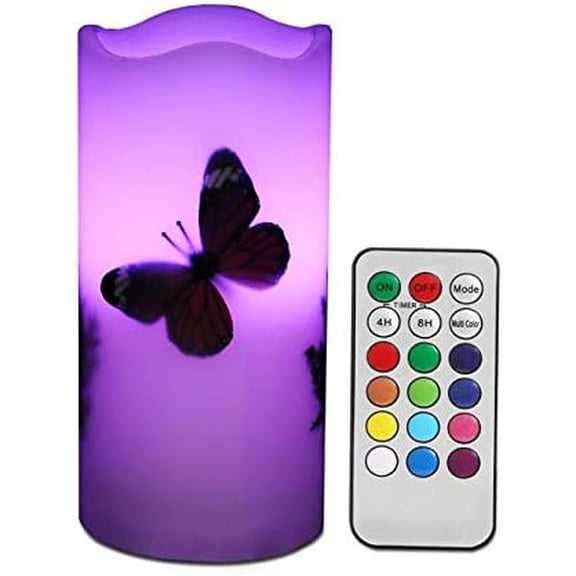 LED Candles Flameless Battery Operated with Remote Timer 6'' Tealight Butterfly & Plants Decor Real Wax Electric Candle Lights 12 Color Changing for Home&Kitchen Indoor/Outdoor Party