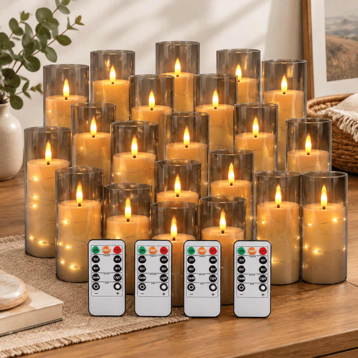 LED Candles with Star String Lights, Remote Control, Timer, Grey 24 ...