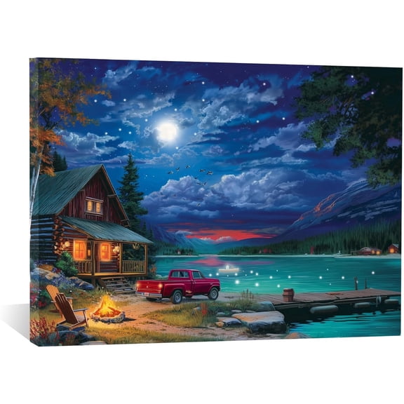 LED Canvas Wall Art, Cabin Lake House Wall Decor with Built-In LED,Battery Operated & Auto Timer, 2418in Rustic Night Scene