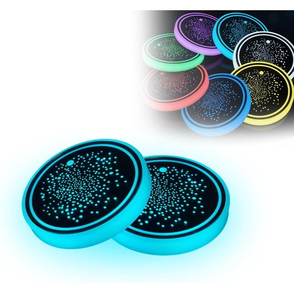 LED Car Cup Holder Lights 2 Pcs, Rechargeable LED Coasters with 7 Colors & Vibration Sensor, Ambient Interior Lighting for Truck SUV Vehicle Accessories (blue)