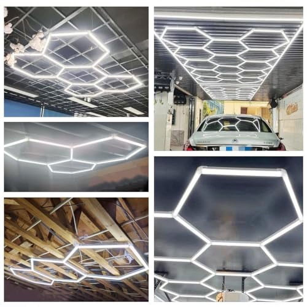 LED Car Garage Light, Attachable Plug in Ceiling Light, 96W 10640LM 6500K Daylight White, IP54 Hexagonal Shop Light for Car Detailing, Garage, Workshop and Gym (3 Hexagonal Grids)