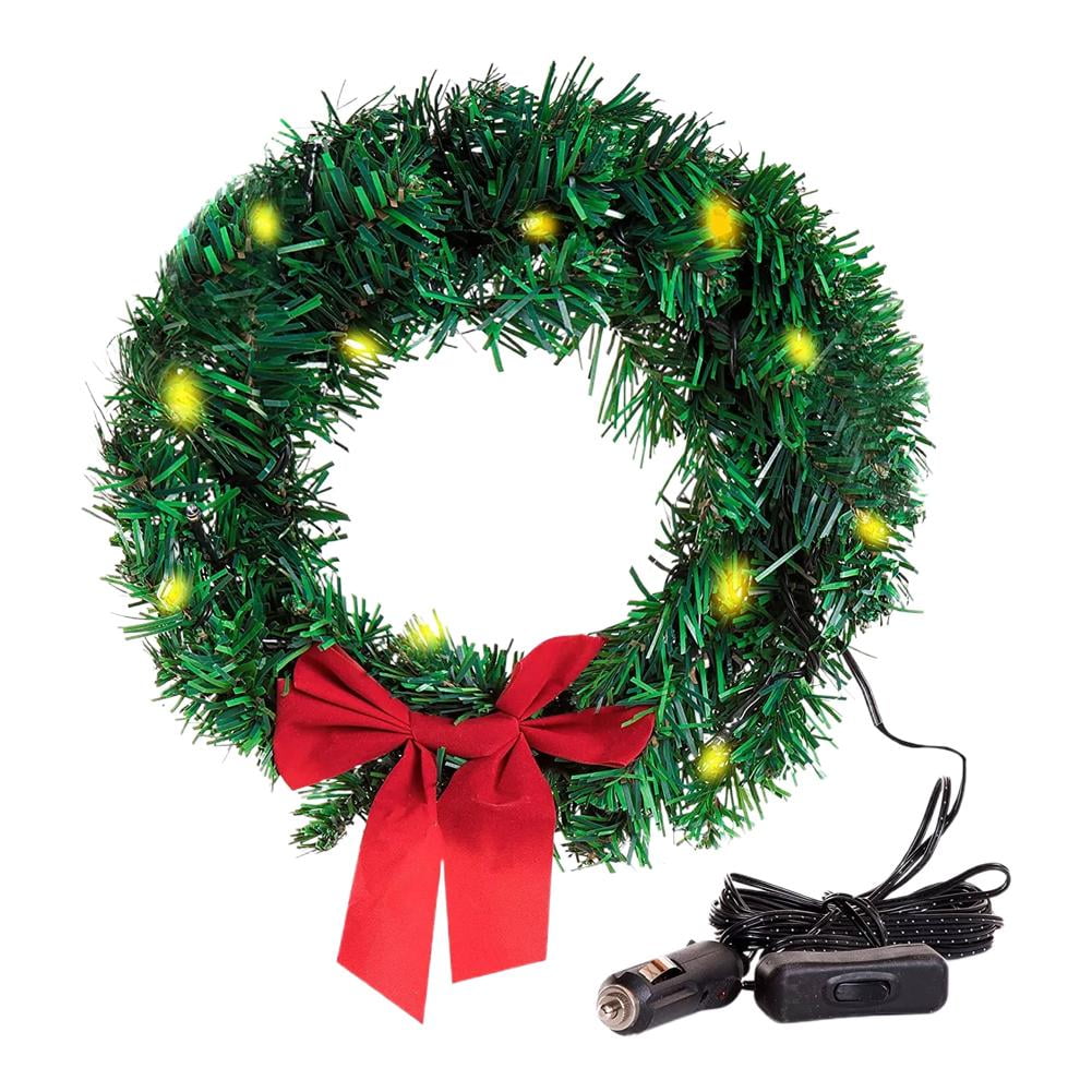 LED Car Wreath with Red Bow 11 inch Artificial Wreath for Car Front
