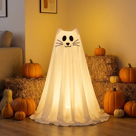 LED Cat Ghost Decor, Remote Control Glowing Ghost Figure With Adjustable Light Modes Freestanding Design, Halloween Yard Ornament for Outdoor Lawn Porch Garden Party Decorations