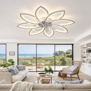 RRBEST White Ceiling Fan with Light, 35.4", Low Profile Flush Mount Fandelier with Remote/App, Dimmable LED fan for Bedroom, Kitchen, Living Room