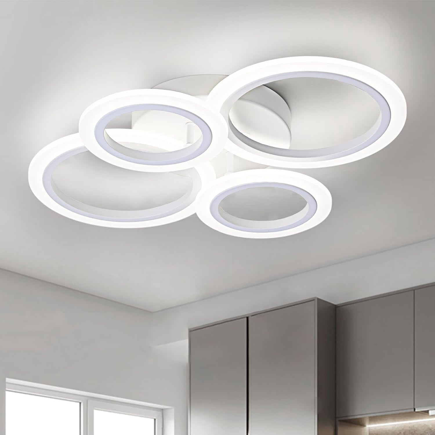 LED Ceiling Light, White 4 Rings Flush Mount 4000K Lighting Fixture Lamp for Kitchen, Bedroom, Living Room, Laundry Room