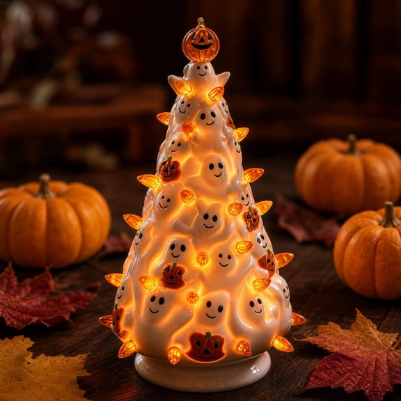 LED Ceramic Ghost Tree Lights Halloween with Pumpkin, Ceramic Candy Ghost with Torch Jack-o'-melon Halloween Tree, White Nostalgic Tabletop Decoration, 12Inch Home Decor Summerween Ornament Light