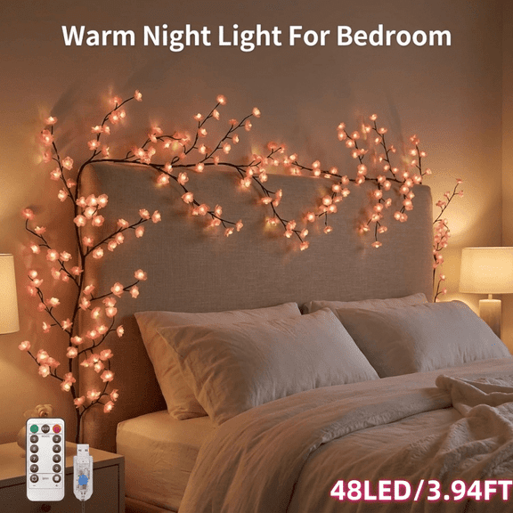 LED Cherry Blossom Tree Branch Lights, Flexible Willow Vine Wall Decor with Remote Control, 8 Lighting Modes Timer USB Powered DIY Artificial Flower Garland Light for Bedroom Indoor Christmas Festiva
