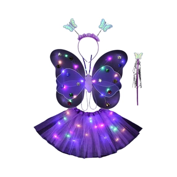 LED Children Costume Prop for Halloween Christmas Fairy Princess Kids Costume Sets Butterfly Wings Wand Headband Tutu Skirt New Year Gifts for 3 4 5 6 7 8 Years Old Girls