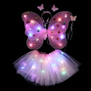 LED Children Costume Prop for Halloween Christmas Fairy Princess Kids Costume Sets Butterfly Wings Wand Headband Tutu Skirt New Year Gifts for 3 4 5 6 7 8 Years Old Girls,Pink with Light