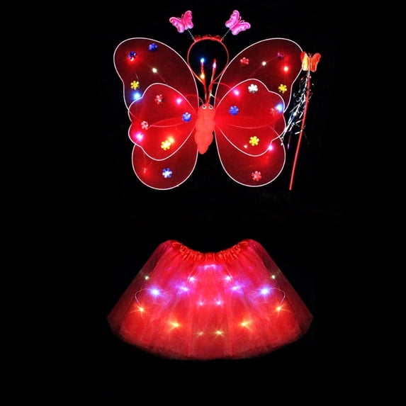 LED Children Costume Prop for Halloween Christmas Fairy Princess Kids Costume Sets Butterfly Wings Wand Headband Tutu Skirt New Year Gifts for 3 4 5 6 7 8 Years Old Girls,Red with Light