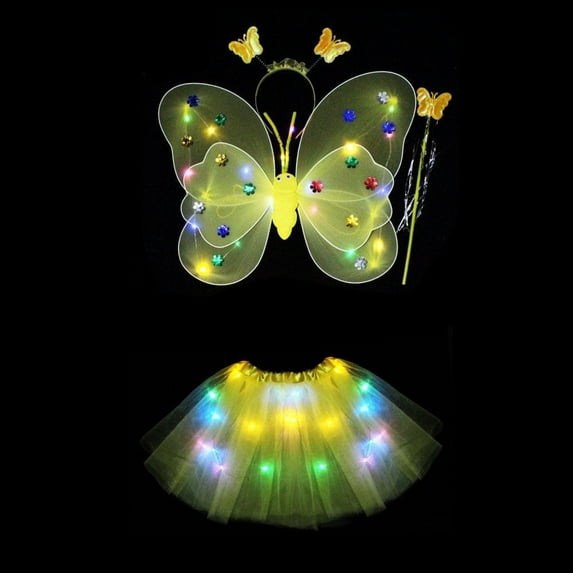 LED Children Costume Prop for Halloween Christmas Fairy Princess Kids Costume Sets Butterfly Wings Wand Headband Tutu Skirt New Year Gifts for 3 4 5 6 7 8 Years Old Girls,Yellow with Light
