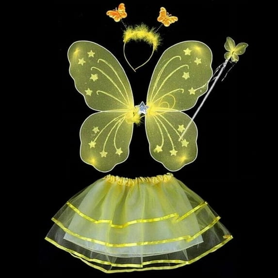 LED Children Costume Props Halloween Christmas gifts Fairy Princess Kids Costume Sets Butterfly Wings Wand Headband Tutu Skirt New Year Gifts,Yellow without Light