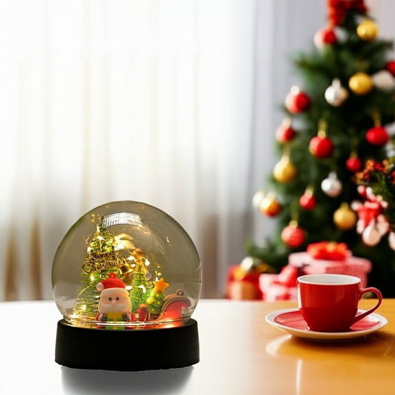 LED Christmas Ball Night Light with Mini Tree and Santa Figures, 4.72 Inch Transparent Sphere Decor for Desktop, Shelf and Holiday Home Display