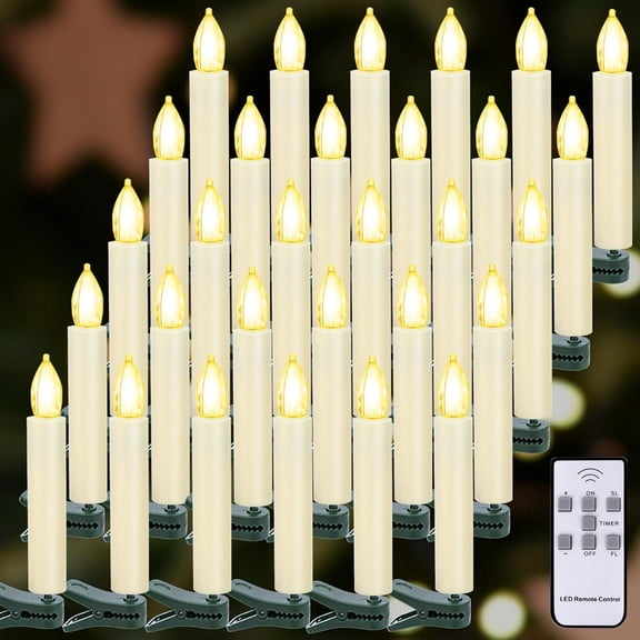 LED Christmas Candles, Flickering Clip Candles for Christmas Tree, Operated with Remote Timer, Warm White Light, Flameless Taper Candle for Christmas Decor, Set of 30