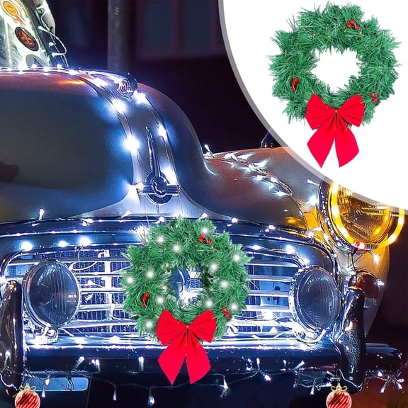 LED Christmas Car Wreath with Red Bows and Battery-Powered Lights – Waterproof Holiday Grille Decoration for Truck, SUV, Front Window, Reusable Festive Garland