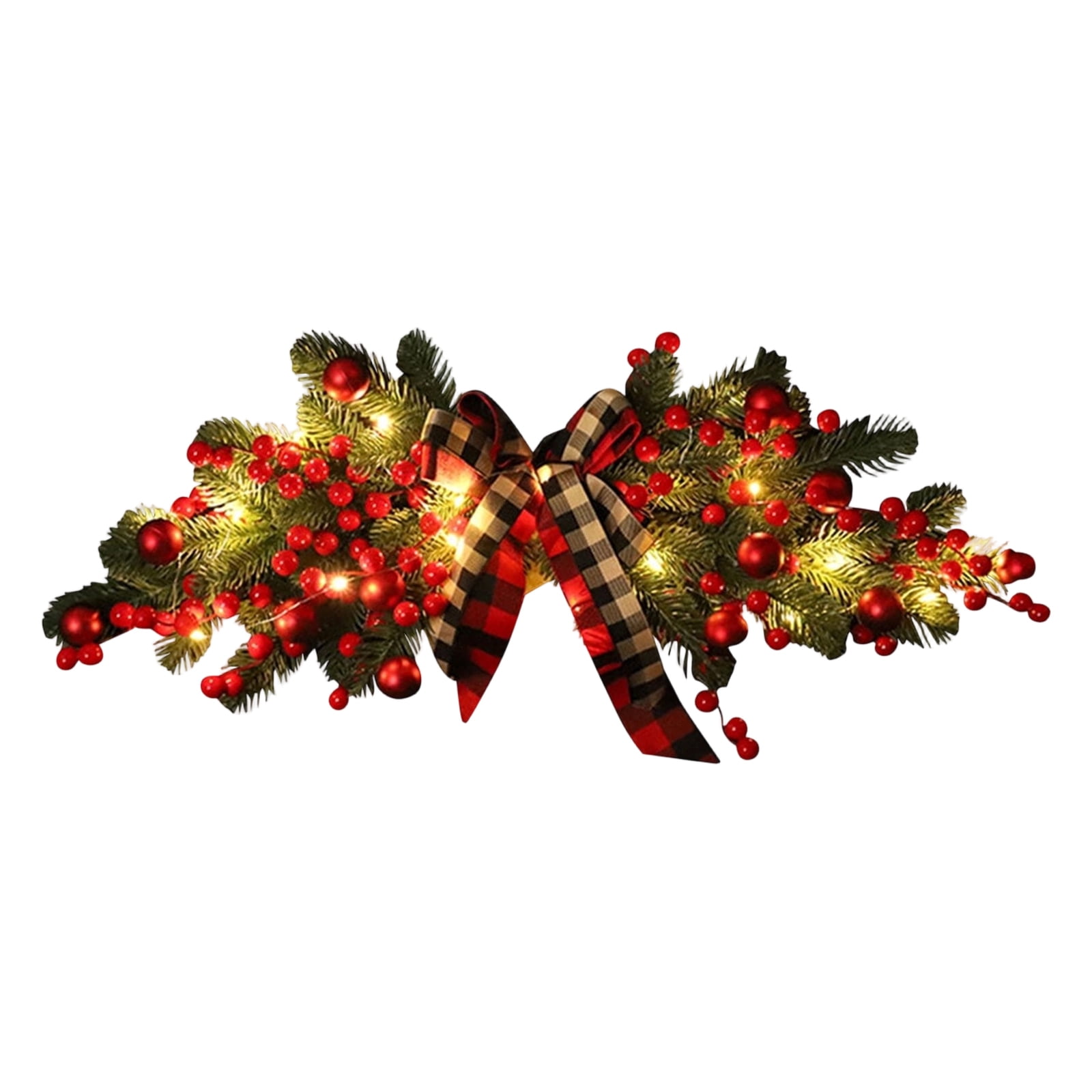 LED Christmas Garland with Red Berries & Buffalo Check Bows, 6FT ...
