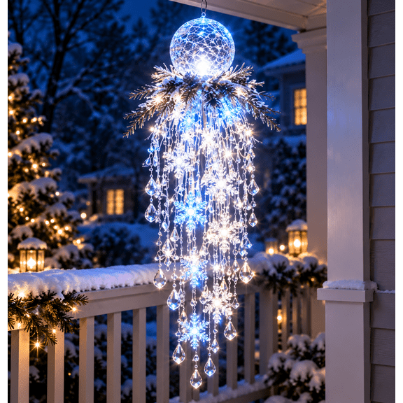 LED Christmas Hanging Porch Decor, Crystal Cascade Snowflake Light with Cascading Holiday Pendant Details
