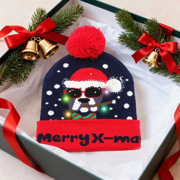 LED Christmas Hat with Multicolor Light Patterns, Festive Knit Beanie with Pom Pom for Holiday Parties, Warm Acrylic Ear Protection for Christmas Caroling and Family Gatherings