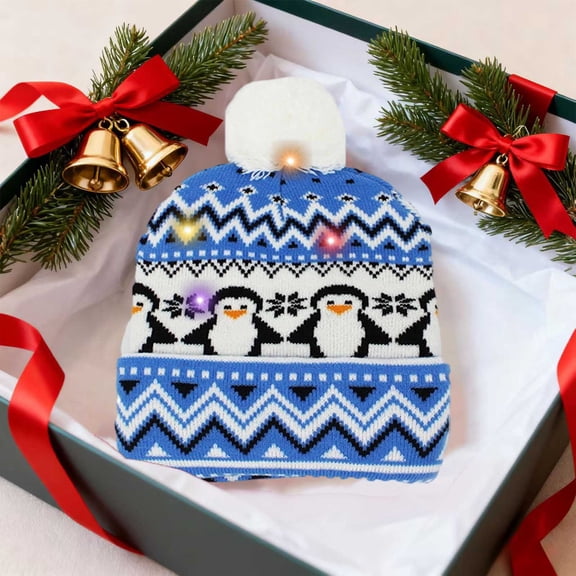 LED Christmas Hat with Lights - Light Up Knit Beanie for Adults, Holiday Parties & Winter Photos (Multi-Color Pom Pom)