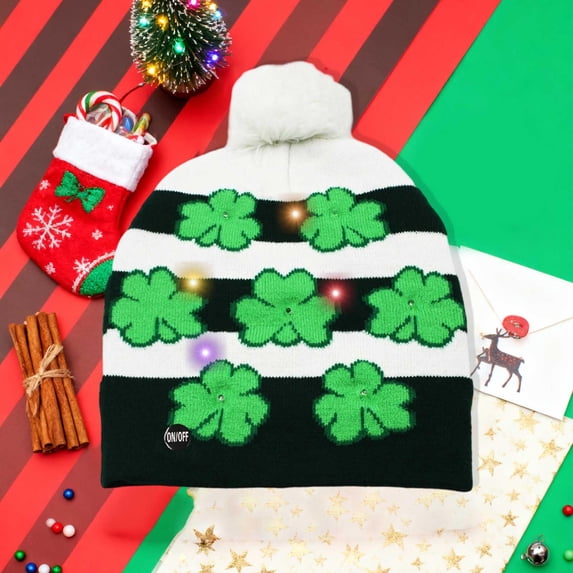 LED Christmas Hat with Lights - Light Up Knit Beanie for Adults, Holiday Parties & Winter Photos (Multi-Color Pom Pom)
