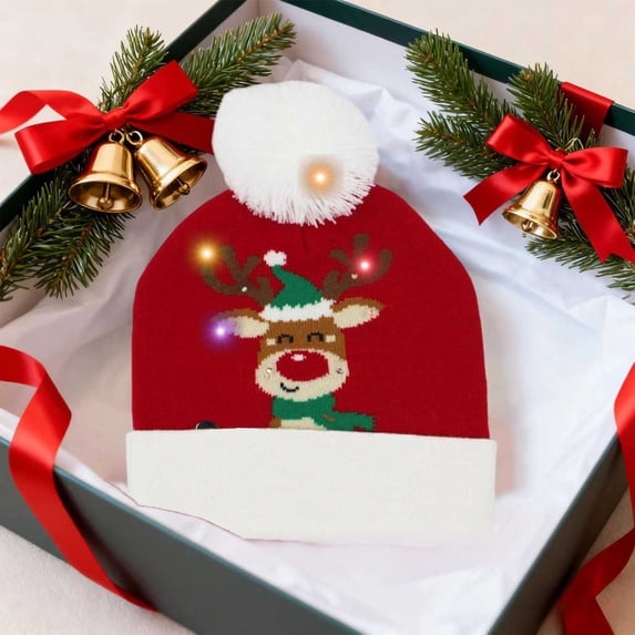 (Off-Season Clearance)LED Christmas Hat with Lights - Light Up Knit Beanie for Adults, Holiday Parties & Winter Photos (Multi-Color Pom Pom)
