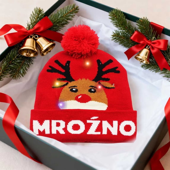 LED Christmas Hat with Lights - Light Up Knit Beanie for Adults, Holiday Parties & Winter Photos (Multi-Color Pom Pom)