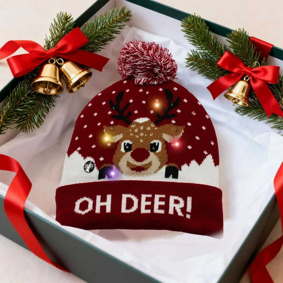 LED Christmas Hat with Lights - Light Up Knit Beanie for Adults, Holiday Parties & Winter Photos (Multi-Color Pom Pom)