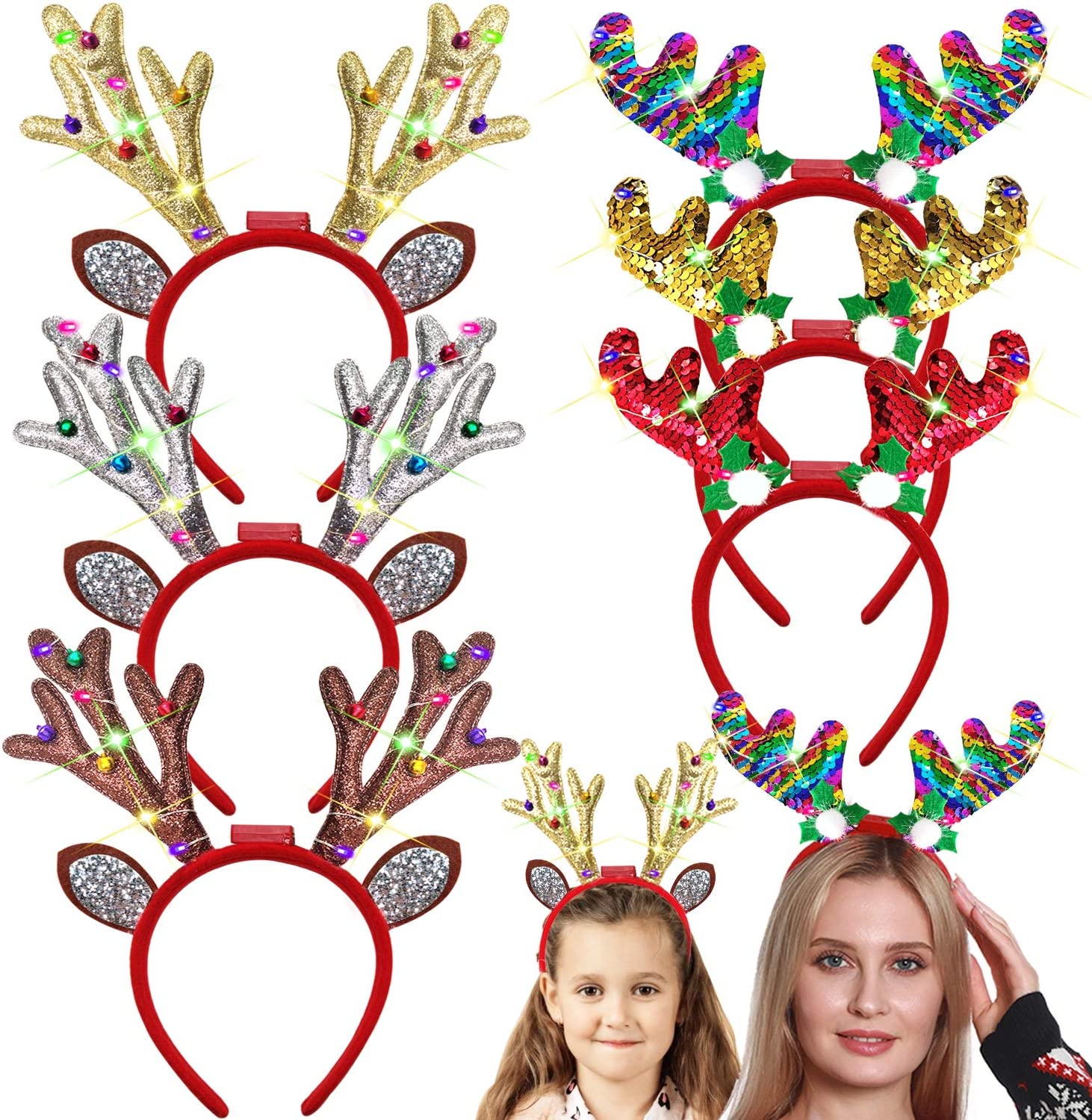 LED Christmas Headband with Sequin Glitter Antlers Fun Xmas Party