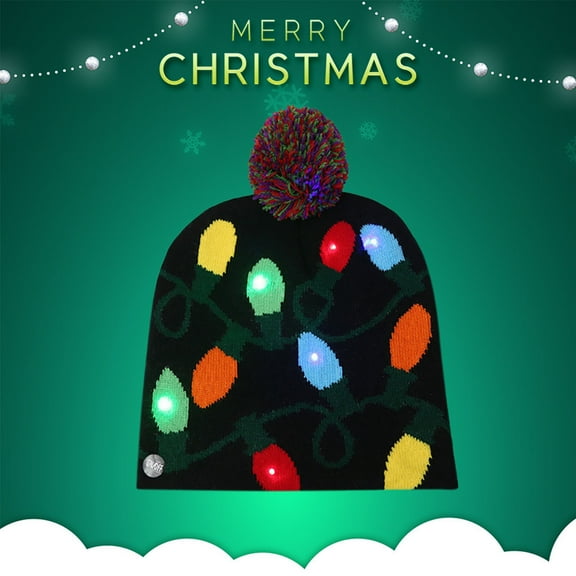 LED Christmas Knitted Hat with Colorful Light Bulb Pattern and, Warm Winter Beanie for Adults Holiday Party, Xmas Decoration Hat with Flashing Lights for Celebrations,multicolor
