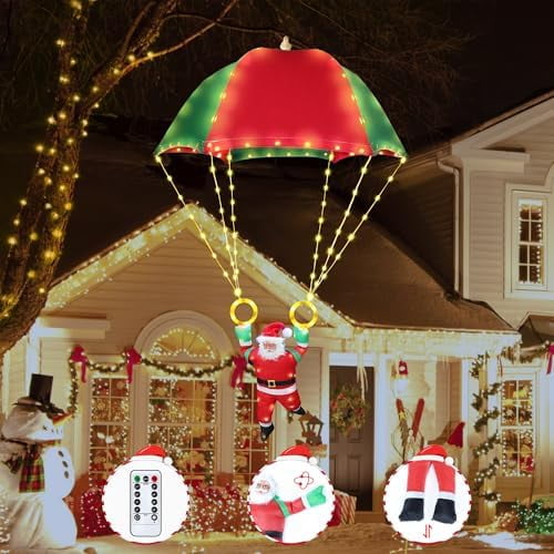 LED Christmas Lights, 2.8ft x 1.8ft Foldable Parachute Lights with Santa Claus, 8 Mode, Remote, Waterproof Battery Powered Warm White Holiday Decorative Light for Indoor Outdoor Xmas Decor
