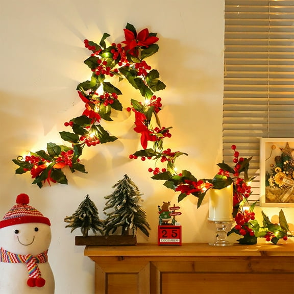 LED Christmas Lights String with Rattan and Berries Design, Battery Powered Decorative Lights for Mantel and Tree, Perfect for Christmas Party and Home Decoration,6.56 FT